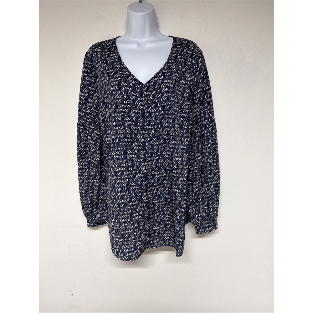 CAbi Womens Blouse Size M Blue Bell Sleeve V-Neck Script Print Pullover Top